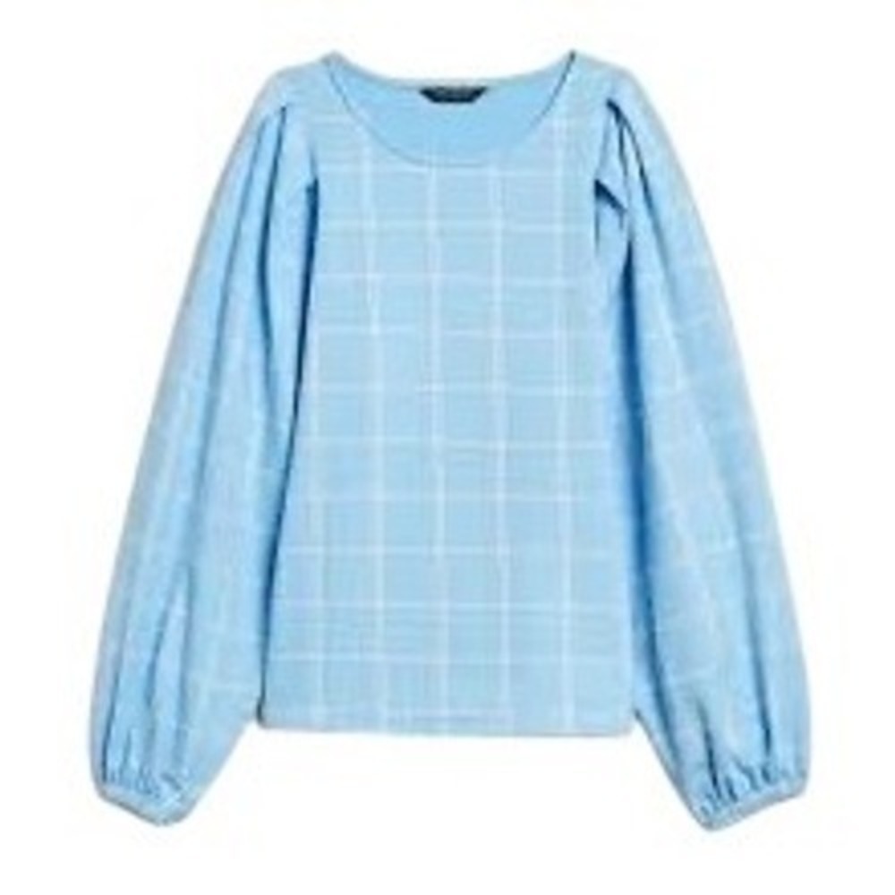 Blue‎ Plaid Puff Sleeve Crew Neck Top Banana Republic Women's Size L EUC